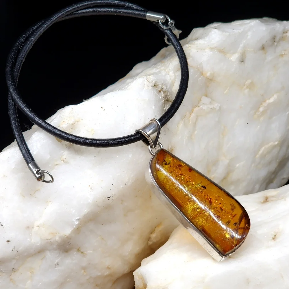 Amber Jewelry Sterling Silver 925 Natural AMBER Pendant Leather Necklace
